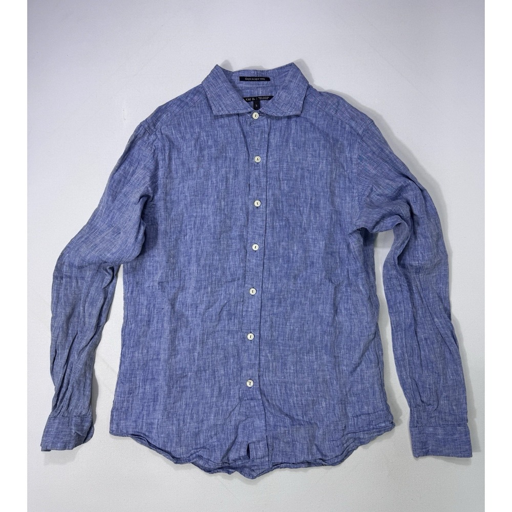 Kai D. 100% Linen Button Front Shirt Men's Large Made in USA Artisan Blue